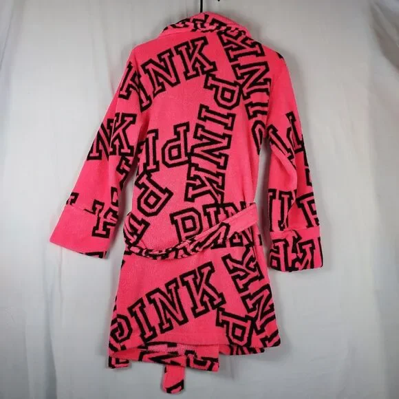 Victoria’s Secret PINK Robe XS/S Logo Plush Hot Pink Black Belted Fleece Sleepwe - Picture 3 of 8